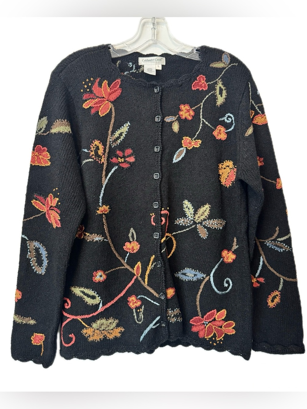 Coldwater Creek Embroidered Floral Cardigan Sweater Black Size Large Cottagecore